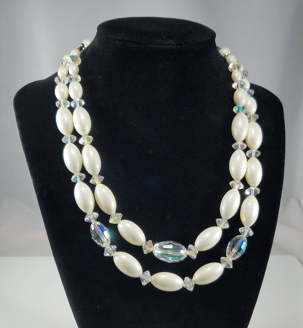 Vintage Austrian Crystal Necklace Double Strand Lucite Beads 1950s Wedding